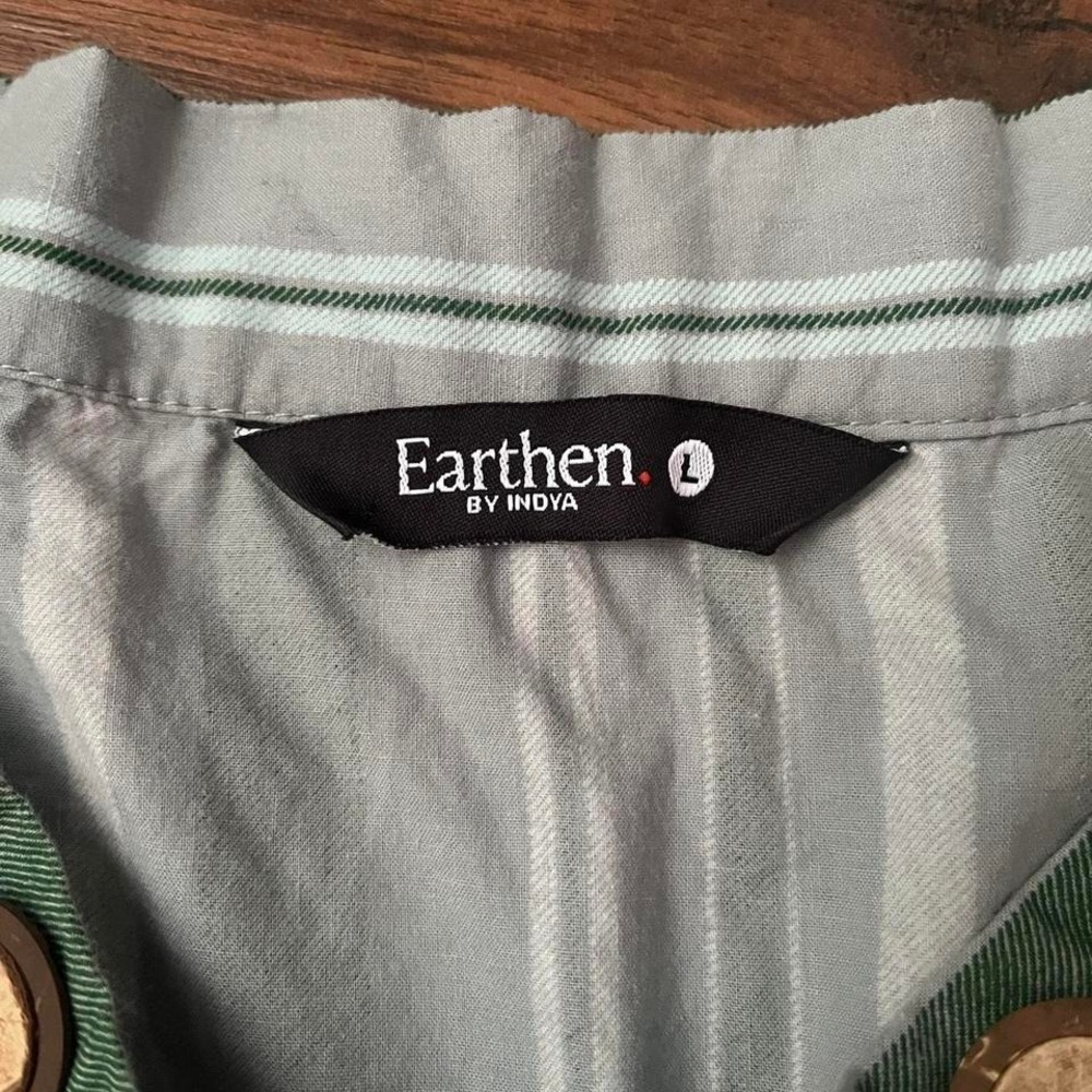 Green Striped 100% Cotton Midi Skirt Wood Buttons Women Large Boho Fairy Cottage - Picture 6 of 8